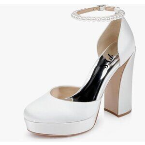 FYS White Round Toe Glaring Platform Chunky High Heel Bejeweled Ankle Strap Pump